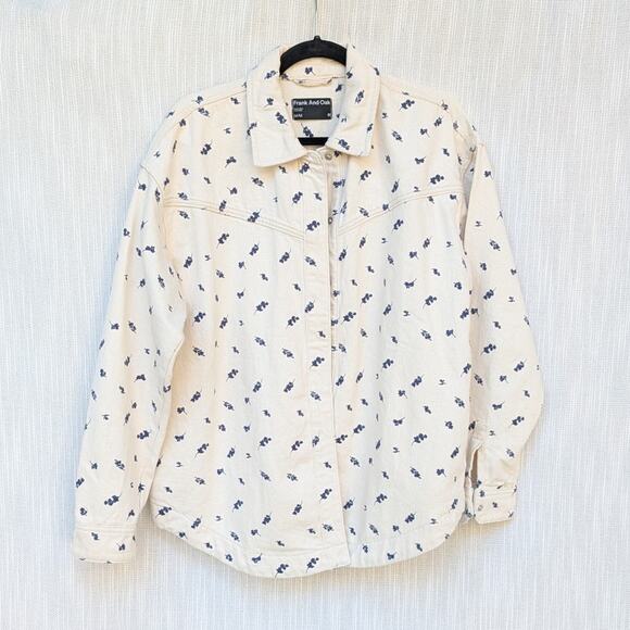 Frank & Oak Cream/White Floral Denim Button-up Long Sleeve Overshirt, size M - Picture 1 of 6
